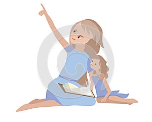 Mother and daugther spend time together. Mom reads a book.Flat style photo
