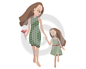 Mother and daugther spend time together. They walk and gether flowers.Flat style photo