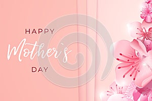 Mother day banner. Mom postcard, realistic pink flowers background. Woman girl holiday card, congratulation invitation