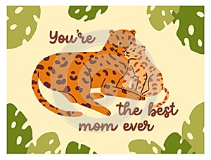 Mother day card, happy leopard mom and baby. Holiday postcard design with wildife, nature, jungle animal family photo