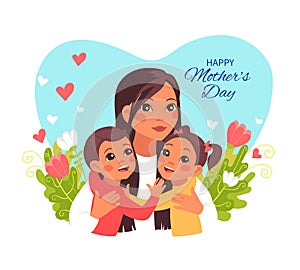 Mother Day card. Smiling family hugs. Mom with little daughter and son. Parents and children embrace. People posing