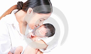 Mother day concept. The mother held the baby in her hand. Mom holding small baby. Woman hands holding newborn baby