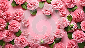 Mother day. Framed flowers isolated on pink background top view. Mixed flower arrangements. Blooms for mom. Copy space. Wedding