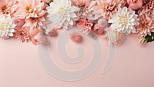 Mother day. Framed flowers isolated on pink background top view. Mixed flower arrangements. Blooms for mom. Copy space. Wedding