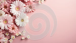 Mother day. Framed flowers isolated on pink background top view. Mixed flower arrangements. Blooms for mom. Copy space. Wedding