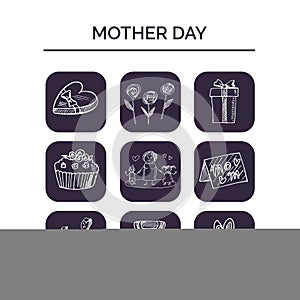 Mother day hand drawn doodle set. Sketches. Vector illustration for design and packages product. Symbol collection