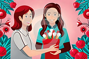 Mother day illustration. Daughter presenting gift to mother.
