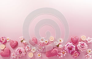 Mother day, Love , Valentine\'s and women\'s day concept made from pink paper hearts and roses on pastel background