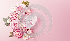 Mother day, Love , Valentine\'s and women\'s day concept made from pink paper hearts and roses on pastel background