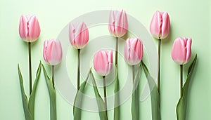 Mother day. Pink tulips flowers isolated on mint background top view. Flower arrangements. Blooms for mom. Copy space. Wedding