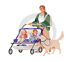 Mother, dog and twins in tandem stroller. Mom walking with two children in pram and puppy pet. Woman with toddlers kids