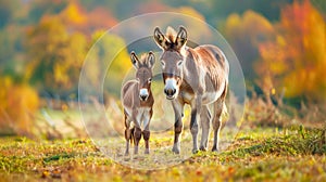 Mother donkey grazing peacefully in a field alongside her playful foal