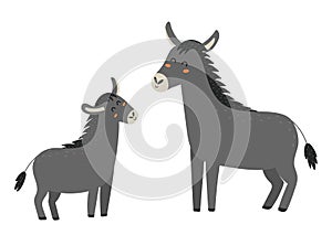 Mother donkey with her baby foal. Cute mom and her child animal characters