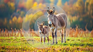 A mother donkey peacefully grazes in a field alongside her playful foal