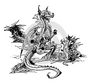 Mother Dragon with Baby Dragons vintage illustration