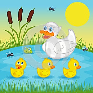 Mother duck with ducklings on lake