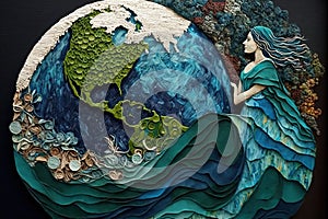 Mother earth concept. Woman careing our planet about environment. Biological diversity or protection of flora and fauna.