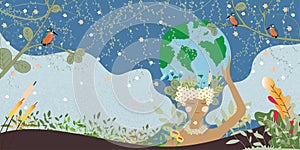 Mother earth day poster with hand holding planet,Nature fo woman. Cute cartoon Vector Girl with wild natural forest and globe,