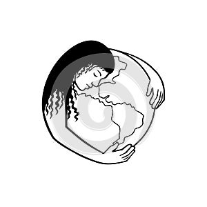 Mother Earth Hugging World Globe Retro Black and White photo