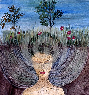 Mother Earth, woman face under ground in the field, fantasy