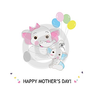 Mother Elephant Baby Elephant. Mother elephant giving baby elephant gift colorful balloon. Happy Mother`s Day cute cartoon greetin