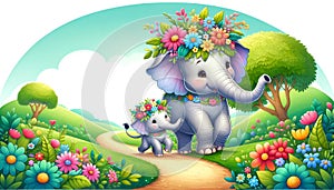 Mother Elephant and Baby Walking in Flower Meadow