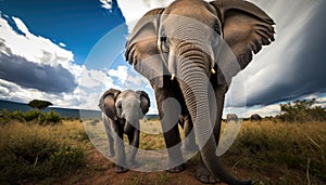 A mother elephant and her calf walking together while grazing on vegetation in Africa, Generative AI