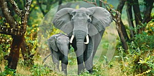 Mother Elephant Standing Protectively Over Her Calf