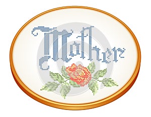 Mother Embroidery, Rose Cross Stitch on Wood Hoop