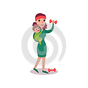 Mother exercising with dumbbells with baby in her arms, super mom concept vector Illustration