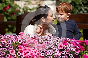 Mother explaining to child outdoor