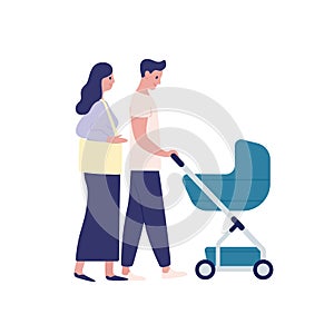 Mother and father with baby carriage flat vector illustration. Parenting, family couple together isolated on white