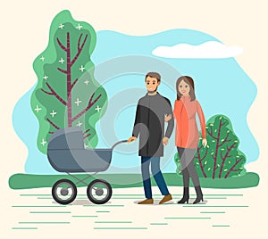 Mother, Father and Baby in Pram Have Walk in Park