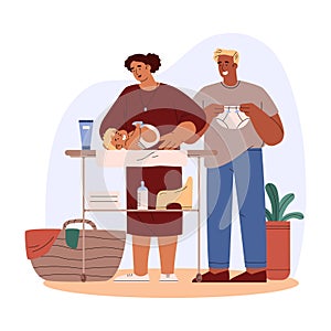 Mother and father changing diaper to baby, flat vector illustration isolated.