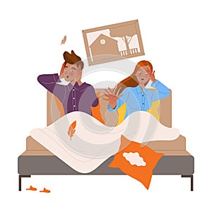 Mother and Father Character in Bed Shocked with Mess and Chaos Around Vector Illustration