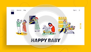 Mother and Father Characters Calm Down Crying Newborn Baby Landing Page Template. Baby Cramps Pain