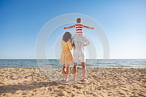 Mother, father and child having fun on the beach. Full length portrait rear view