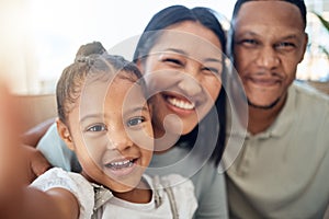 Mother, father and child take a selfie as a happy family relaxing on a peaceful and calm weekend together. Portrait, mom