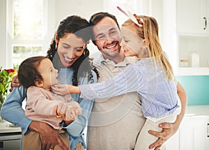 Mother, father and children portrait in a happy family home while together for love, support and care. Woman, man or