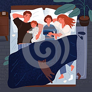 Mother, father and children sleeping together on one bed. Mom, dad and kids embracing each other and slumbering at night