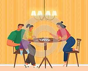 Mother, father and daughter playing board game together. Family members playing chess at home