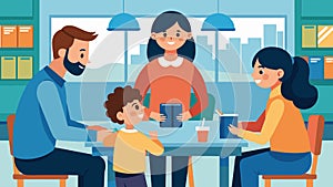 A mother and father gather with other parents in the school cafeteria for a PTA meeting actively involved in discussing photo