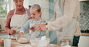 Mother, father or girl learning to bake in kitchen for cookies or cooking recipe preparation in family home. Teaching