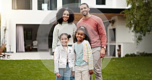Mother, father and happy family portrait outdoor with a smile, love and care in a backyard. Young latino woman and man