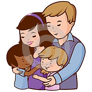 Mother and father hug their adopted children. Vector Illustration photo