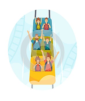 Mother, Father and Kids Characters Riding Roller Coaster, Family Extreme Recreation in Amusement Park, Fun Fair Carnival