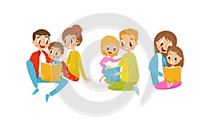 Mother and Father Reading Book to Their Kids Vector Illustration Set