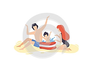 Mother, Father And Son Having Fun on Beach, Cute Boy Playing in Inflatable Pool, Happy Family Enjoying Summer Vacation