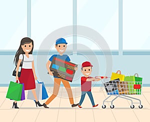 Mother, Father and Son Shopping Together Vector