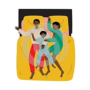 Mother, Father and Son Sleeping Together in Bed, African American Family, Husband, Wife and Kid Embracing Each Other and